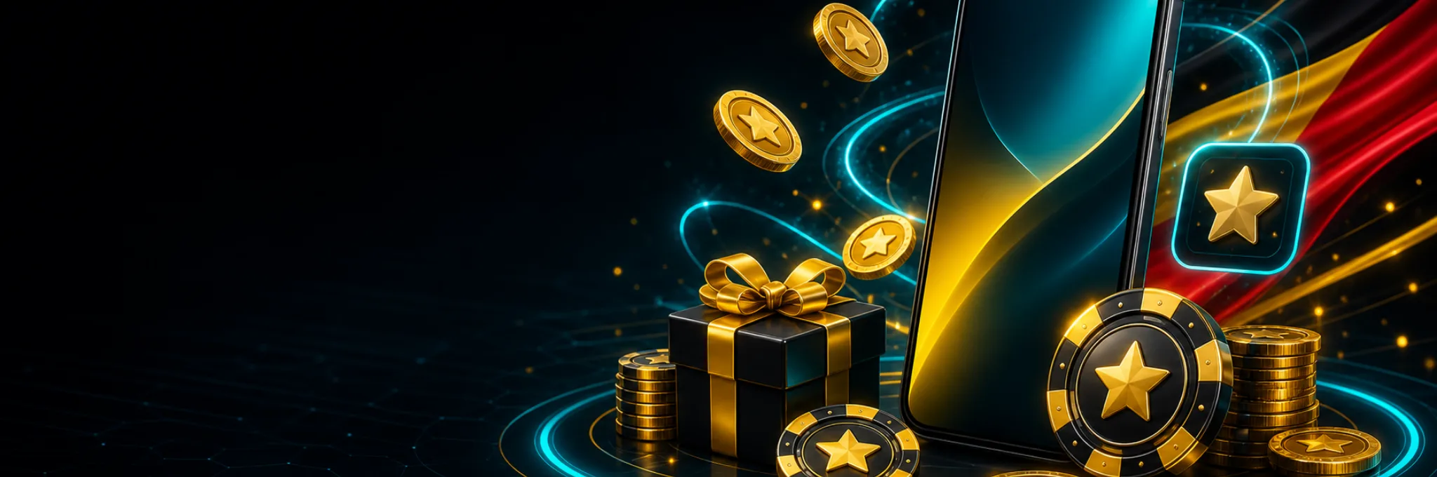Mobiele bonus met smartphone, geschenk, fiches en munten