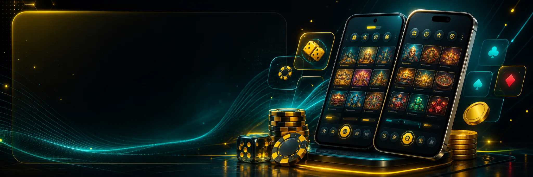 Mobiele PlayBaze-route met smartphones, fiches en abstracte app-interface