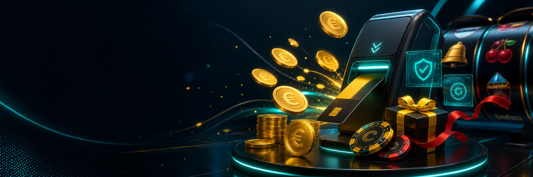Eerste stortingsbonus met betaalterminal, euromunten en slotdetails